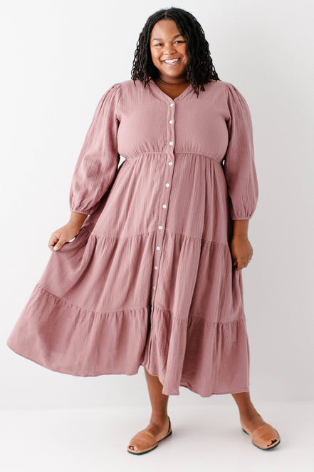 'Louisa' Button Down Tiered Cotton Gauze Midi Dress