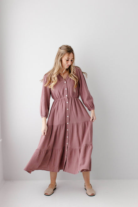 'Louisa' Button Down Tiered Cotton Gauze Midi Dress