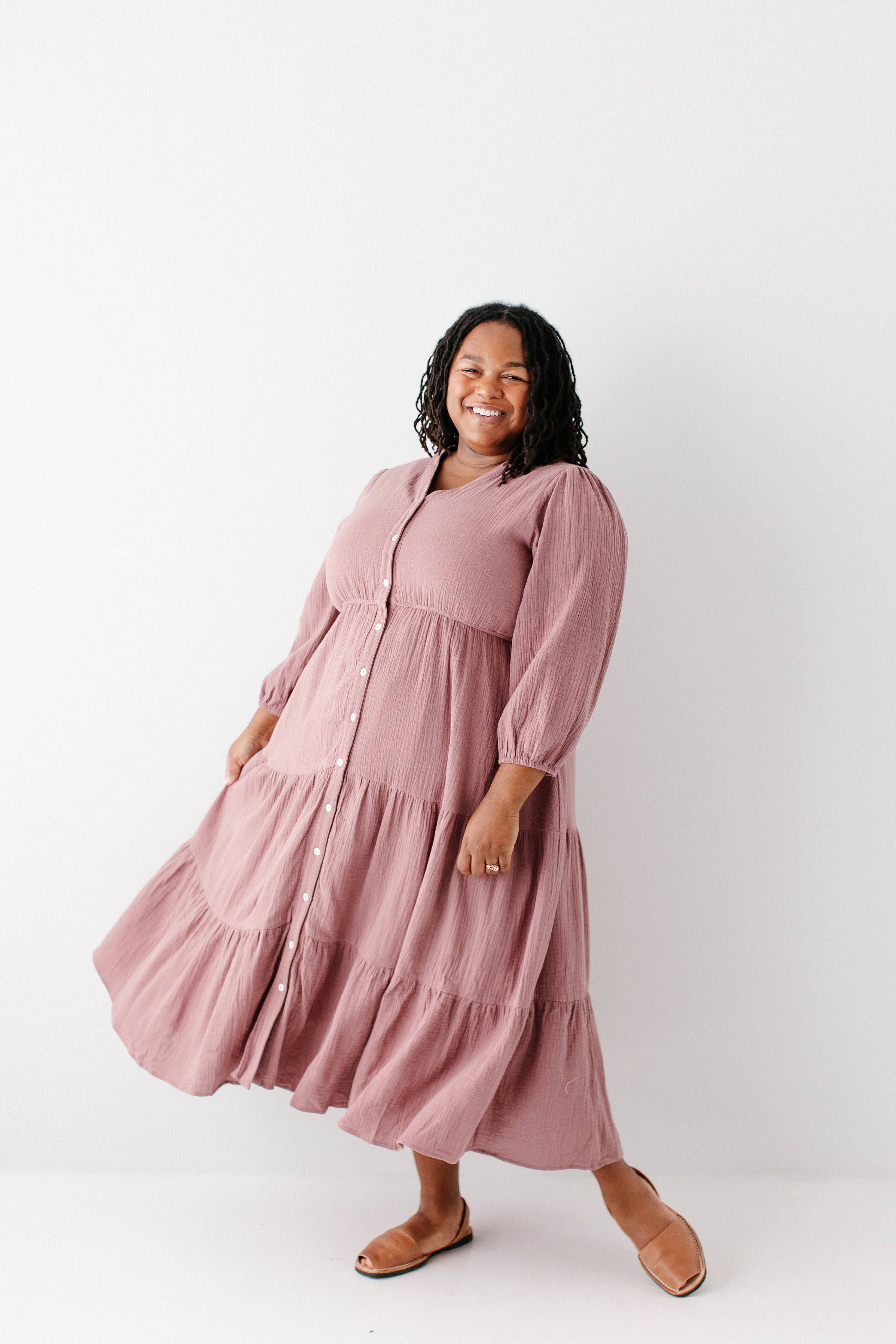 'Louisa' Button Down Tiered Cotton Gauze Midi Dress