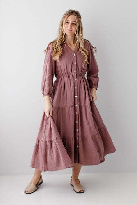 'Louisa' Button Down Tiered Cotton Gauze Midi Dress