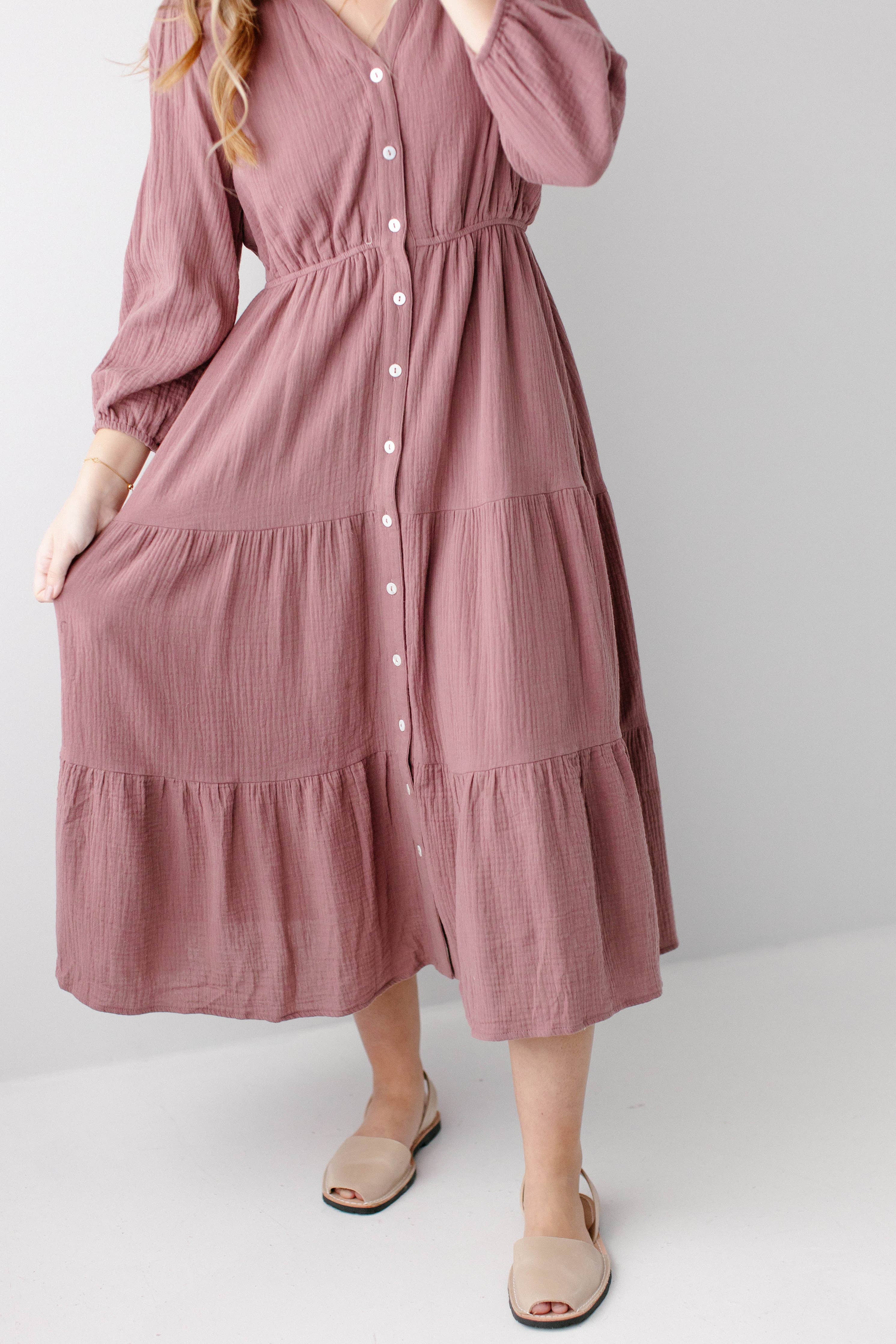 'Louisa' Button Down Tiered Cotton Gauze Midi Dress